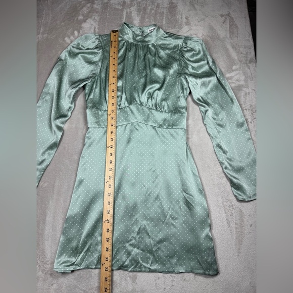 Reformation 100% Silk Samuel LS Mint Polka Dot Long Puff Sleeves Mini Dress 2 - Picture 5 of 17